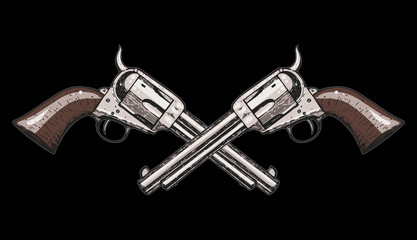 Naklejka premium Hand drawn revolvers vector illustration. Crossbones guns. Vintage illustration.