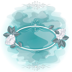 Horizontal oval frame with white flowers and buds. Vector imitation of watercolor background.
