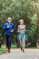 Obraz premium Cheerful active senior couple jogging in the park. Exercise together to stop aging.
