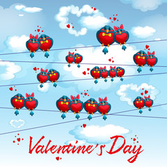 Funny birds on the wires against the blue sky with clouds in the shape of hearts. Postcard for Valentine's Day.