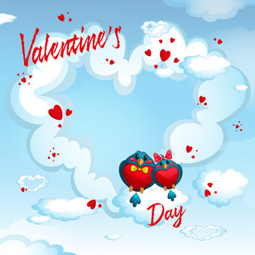 Birds on the background of a cloud-heart. Frame for text or photo about Valentine's Day. Vector greeting card.