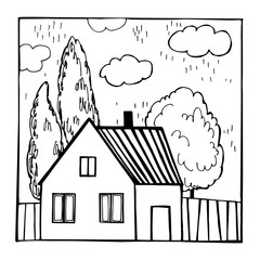 Hand drawn house with trees. Vector sketch  illustration.