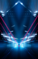 Dark abstract futuristic neon blue background. Neon lines glow. Neon lines, shapes. Multi-colored glow, blurry lights. Empty stage background.