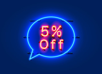 Neon chat frame 5 off text banner. Night Sign board.