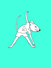 Mouse yoga on turquois background - Fantasy character. Symbol of 2020. Contour drawing mouse yoga (rat), coloring page. One Element. Seamless pattern for printing on fabric, wrapping paper, postcard
