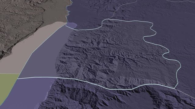 Madaba, province with its capital, zoomed and extruded on the administrative map of Jordan in the conformal Stereographic projection. Animation 3D