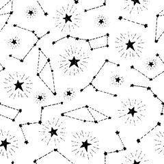 Constellations and stars seamless pattern. Hand drawn vector illustration. Space background.