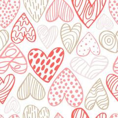 Vector seamless pattern with hand-drawn hearts on white background.  Sketch illustration.