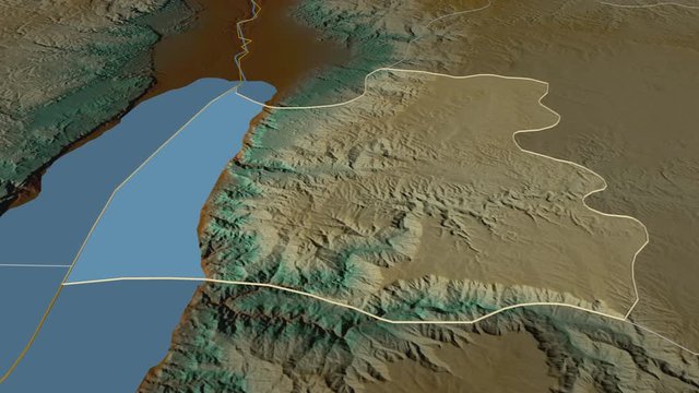 Madaba, province with its capital, zoomed and extruded on the relief map of Jordan in the conformal Stereographic projection. Animation 3D