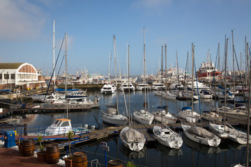 Cape Town, South Africa - October 25, 2017: Yachts docked at moorings at Royal Cape Yacht Club with blue sky in Cape Town South Africa.