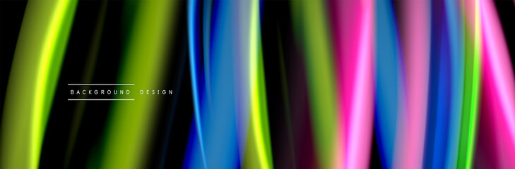 Silk and smooth flow wave poster design. Color waves, liquid style lines and shapes in black color background