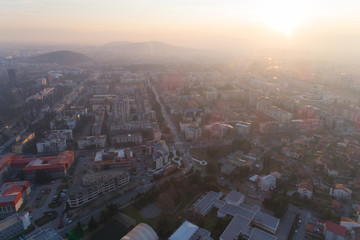 aerial view of Podgorica city during sunset