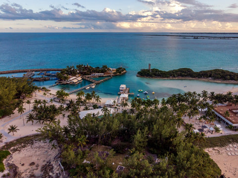 Blue Lagoon Island In Nassau, Bahamas. View From The Top. Aerial View On A Small Caribbean Island. 