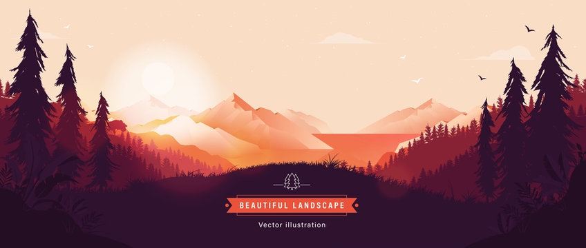Beautiful vector landscape illustration - Peaceful warm sunrise over mountains, ocean and forest. Travel, hiking, outdoors and adventure concept. Use as background or wallpaper.