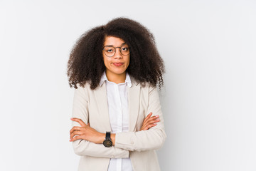 Young african american business woman unhappy looking in camera with sarcastic expression.