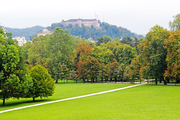 View from Park Tivoli to Ljubljana castle, Slovenia	