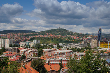 Fototapeta na wymiar view of the architecture of the city of Sarajevo - the capital of Bosnia and Herzegovina. Top view on a stormy stormy day before the rain.