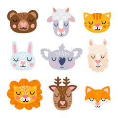 Cute animal face heads icon set with hearts on the nose. Bear, koala, cat, rabbit, lama, fox, lion, sheep and deer.