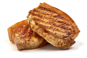 Grilled juicy pork steak, fried meat, isolated on white background