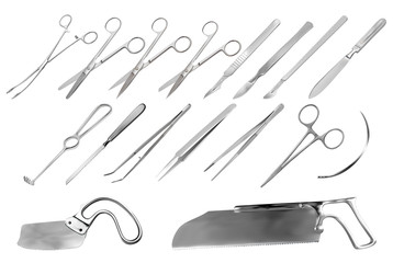 A set of surgical instruments. Tweezers, scalpels, Liston s amputation knife, clamp, scissors, Folkman hook, Meyer forceps, needle, Langenbek saw, Satterlee Bone Saw, Plaster saw Bergman. Vector