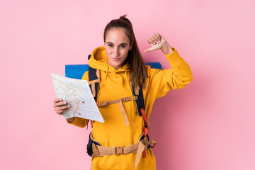 Young traveler caucasian woman isolated feels proud and self confident, example to follow.