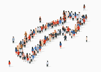 Large group of people in an arrow.