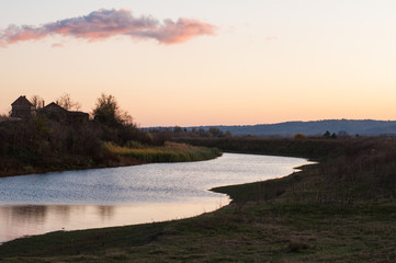 Rural river landscape view.Nature.Sheep near river