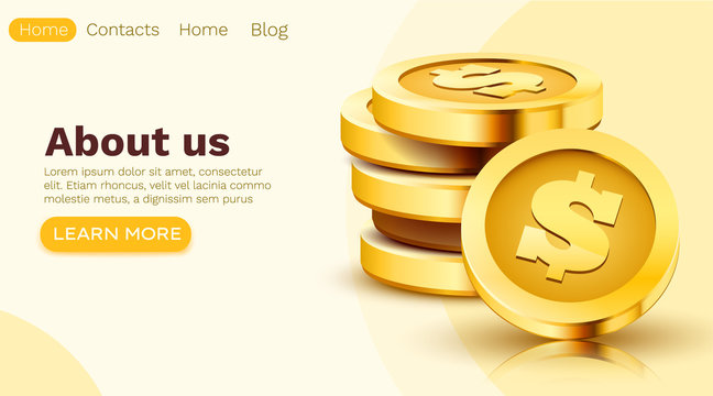 Stack of golden dollar coins isolated on white background. Make money online concept. Landing page template.