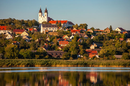 Tihany village and the abbey in suset colors with the inner lake in the front at lake Balaton in Hungary