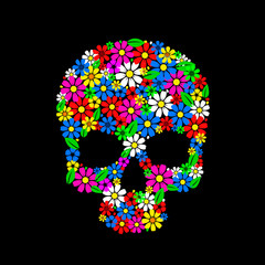 Painting skull flowers isolated on black, color symbol.
