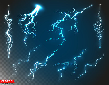 Realistic thunder storm blue lightnings. Magic and bright lighting effects. Power energy charge shock icons. On dark blue background. Layered vector with transparency.