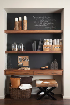 Objects on wooden shelves at home