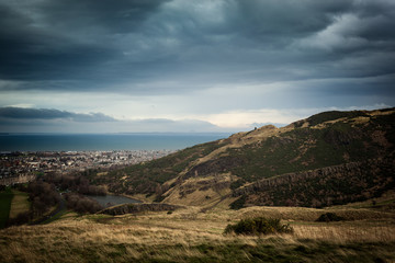 Landscape view tot he north-east of Arthur's Seat, looking out over Leith to the Firth of Forth