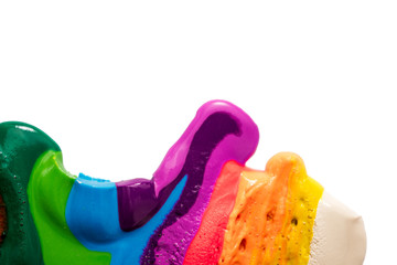 Bright oil or acrylic paints. Bright rainbow. Flowing across the palette. Isolate on white.Fluid Art. Abstract colorful background, Mixing paints. Modern art. Marble texture.