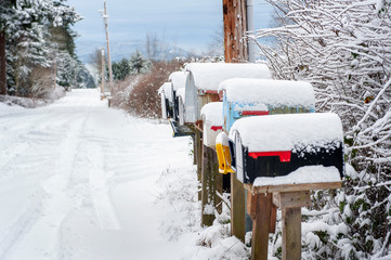 Fresh Snow Covers Mailboxes in a Rural Winter Landscape. After an icy winter storm rural mailboxes are capped with a fresh dusting of snow.