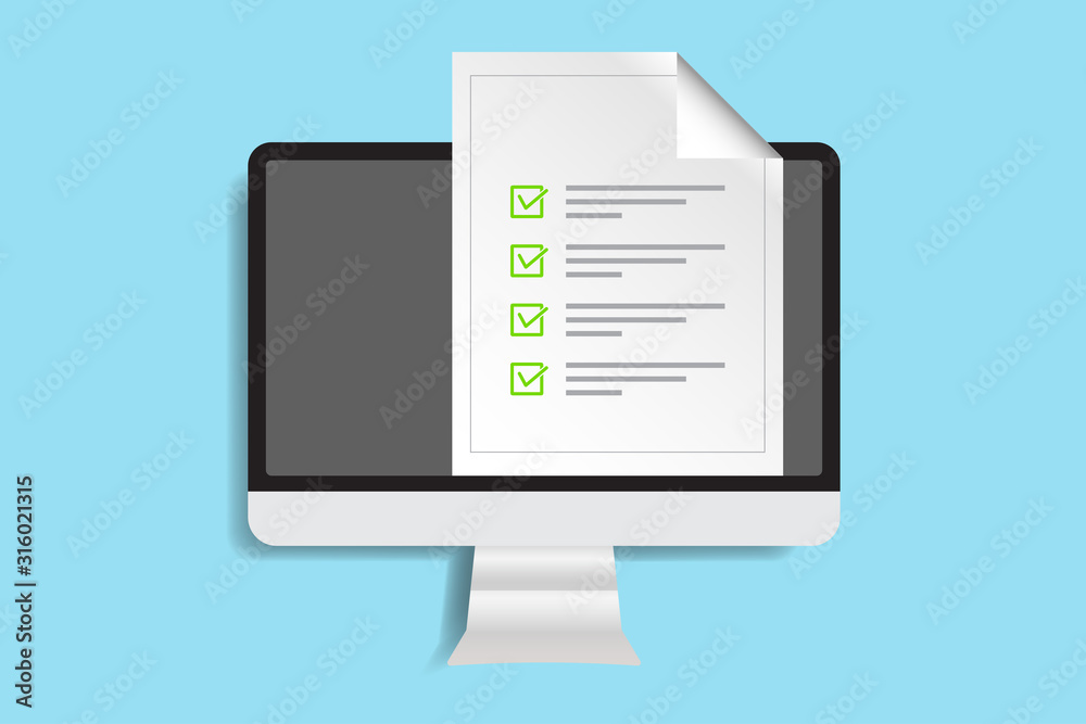 Wall mural computer monitor icon in a trendy flat style with a data checklist. questions concept for the test c