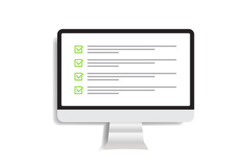Computer monitor icon in a trendy flat style with a data checklist. Questions concept for the test check box. Notebook screen. Vector illustration element.