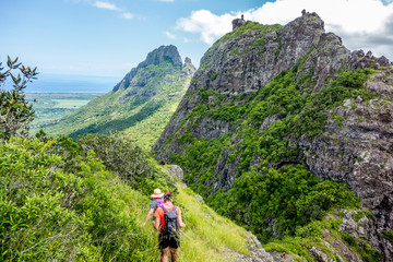 Walking in Trois Mamelles mountains in central Mauritius tropical island