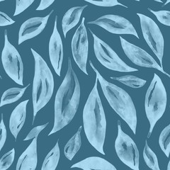 Seamless  pattern with blue watercolor leaves.  illustration.