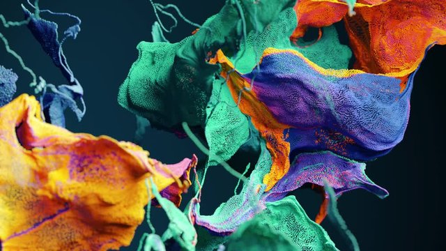 Abstract colorful particles fluid motion. Cg animation. Slow motion. Shallow depth of field.