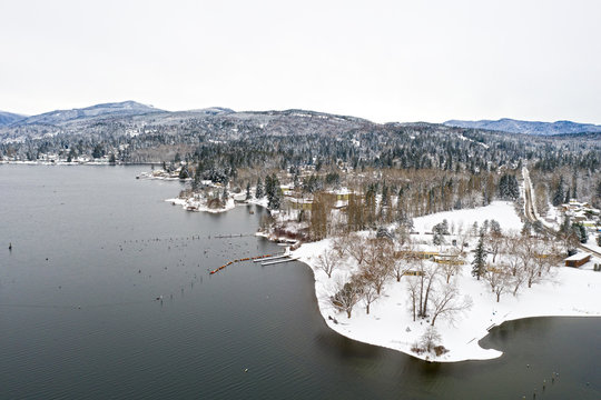 Lake Whatcom Blodel Donovan Park Aerial Winter Snow View - Bellingham Washington