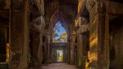 Inside view of a Angkor Wat temple in Cambodia at daytime