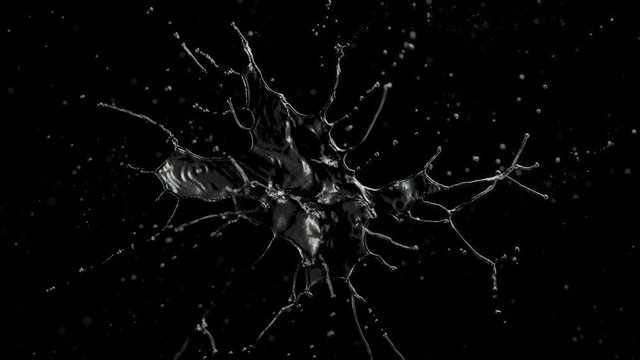 Cg animation of water explosion on black. Slow motion. Has alpha matte