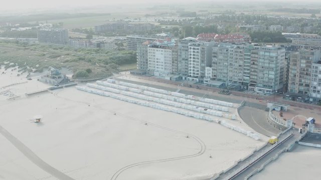 Blankenbergen Aerial at the beach with appartments at the coast in belgium