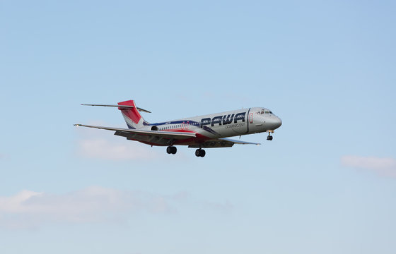 Miami, USA - December 2, 2016: A PAWA Airlines MD-80 landing at the Miami International Airport. 