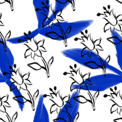 Seamless blue flower pattern.Hand drawn paint.Nature texture.