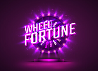 Casino neon colorful fortune wheel. purple background.