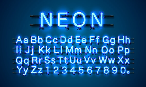 Neon city color blue font. English alphabet and numbers sign.