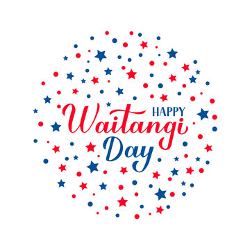 Happy Waitangi Day calligraphy hand lettering isolated on white. New Zealand holiday greeting card. Easy to edit vector template for typography poster, banner, flyer, sticker, etc.