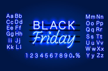 Neon Black Friday text banner. Night Sign board.